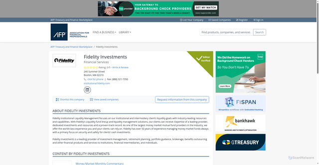 Security scan screenshot of https://marketplace.afponline.org/company/60435/fidelity-investments