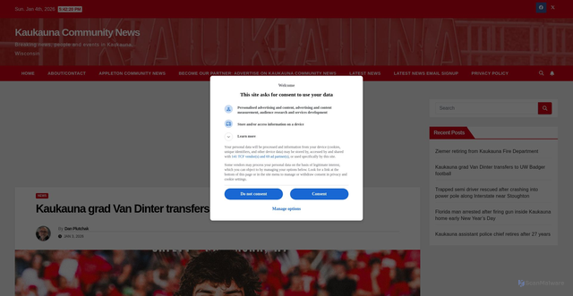 Security scan screenshot of https://kaukaunacommunitynews.com/2026/01/03/kaukauna-grand-van-dinter-transfers-to-uw-badger-football/