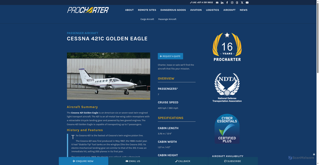 Security scan screenshot of https://procharter.com/aircraft/aircraft-guide/passenger-aircraft-guide/cessna-421c-golden-eagle/