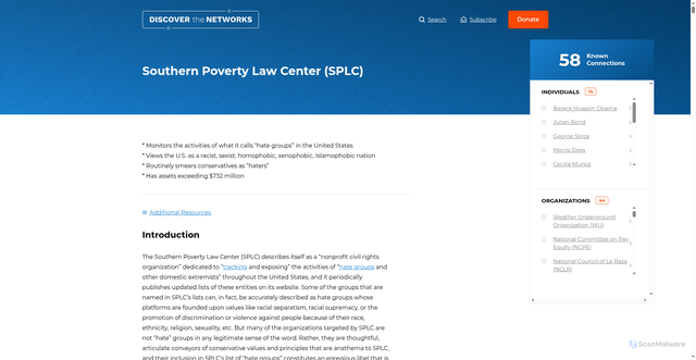 Security scan screenshot of https://www.discoverthenetworks.org/organizations/southern-poverty-law-center-splc/