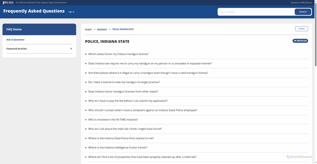 Security scan screenshot of https://faqs.in.gov/hc/en-us/sections/115001494707-Police-Indiana-State