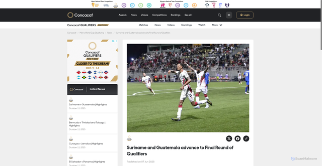 Security scan screenshot of https://www.concacaf.com/en/world-cup-qualifying-men/news/suriname-and-guatemala-advance-to-final-round-of-qualifiers/