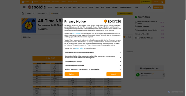 Security scan screenshot of https://www.sporcle.com/games/sdt227720/all-time-nba-starting-lineups