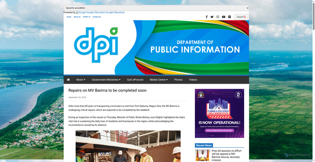 Security scan screenshot of https://dpi.gov.gy/repairs-on-mv-barima-to-be-completed-soon/