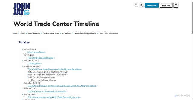 Security scan screenshot of https://www.jjay.cuny.edu/about/senior-leadership/office-external-affairs/911-memorial/abouthistory-september-11th/world-trade-center-timeline
