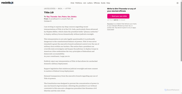 Security scan screenshot of https://resist.bot/letters/8eeec83e-9a8a-4481-b1f9-09c15d0d7688