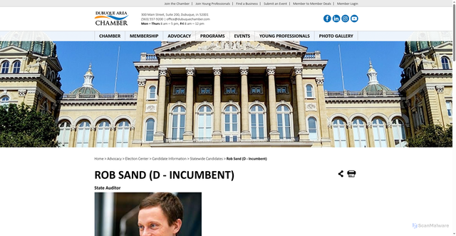Security scan screenshot of https://www.dubuquechamber.com/advocacy/election-center/candidate-information/state-candidates/rob-sand-d-incumbent