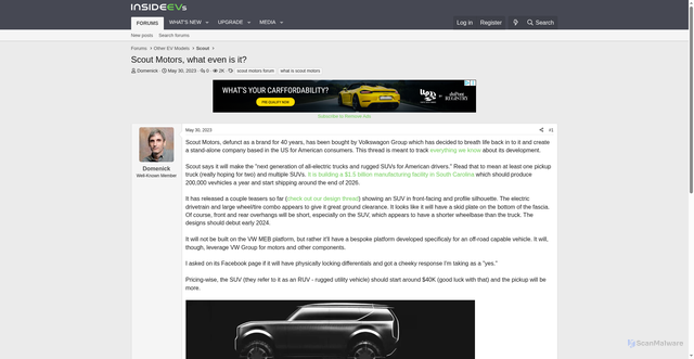 Security scan screenshot of https://www.insideevsforum.com/community/threads/scout-motors-what-even-is-it.18328/