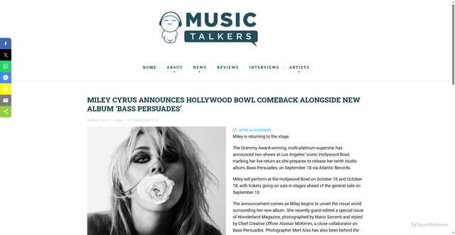 Security scan screenshot of https://musictalkers.com/latest-news/10408-miley-cyrus-announces-hollywood-bowl-comeback-alongside-new-album-%E2%80%98bass-persuades%E2%80%99