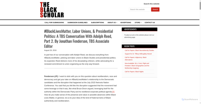Security scan screenshot of https://www.theblackscholar.org/blacklivesmatter-labor-unions-presidential-politics-tbs-conversation-adolph-reed-part-2-jonathan-fenderson-tbs-associate-editor/
