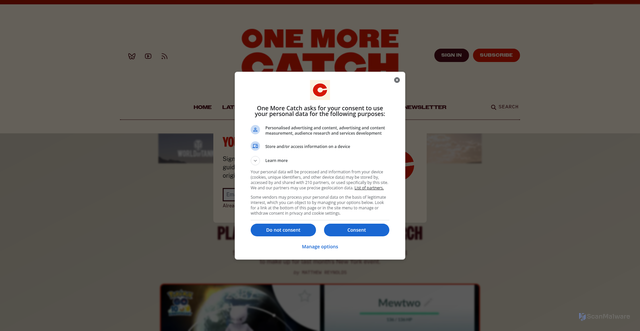 Security scan screenshot of https://www.onemorecatch.site/pokemon-go-free-mewtwo-10th-anniversary-celebration-timed-research/