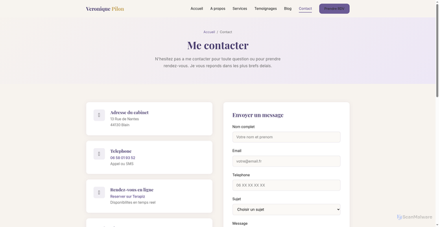 Security scan screenshot of https://veroniquepilonhypnotherapeute.com/contact.html