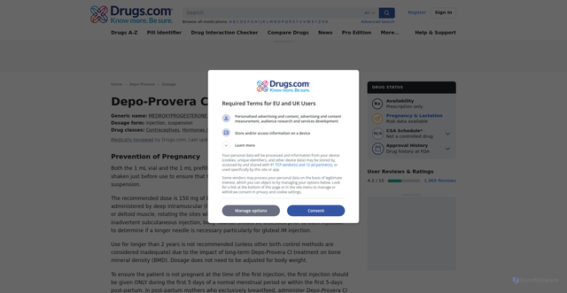 Security scan screenshot of https://www.drugs.com/dosage/depo-provera-contraceptive.html