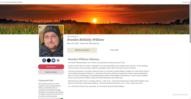 Security scan screenshot of https://www.mlfordsons.com/obituary/Brandon-Williams