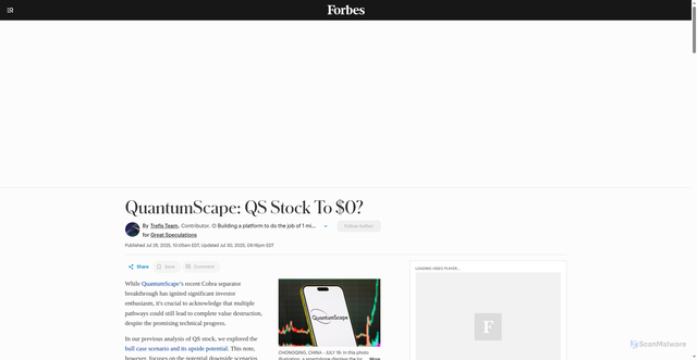 Security scan screenshot of https://www.forbes.com/sites/greatspeculations/2025/07/28/quantumscape-qs-stock-to-0/