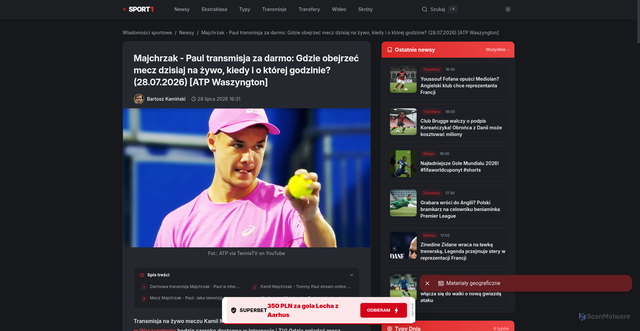 Security scan screenshot of https://sport1.pl/majchrzak-paul-transmisja-za-darmo-gdzie-obejrzec-mecz-dzisiaj-na-zywo-kiedy-i-o-ktorej-godzinie-28-07-2026-atp-waszyngton