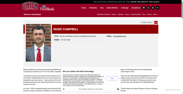 Security scan screenshot of https://uuathletics.com/sports/womens-basketball/roster/coaches/mark-campbell/720