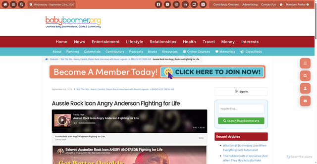 Security scan screenshot of https://babyboomer.org/shows/a-breath-of-fresh-air-warm-candid-conversations-with-the-biggest-musical-stars-of-the-60s-70s-80s/aussie-rock-icon-angry-anderson-fighting-for-life/