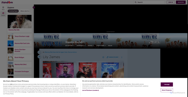 Security scan screenshot of https://mamma-mia.fandom.com/wiki/Lily_James