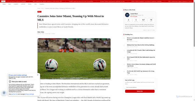 Security scan screenshot of https://news.elpaso-soccer.com/mls/casemiro-inter-miami-messi-mls-2025