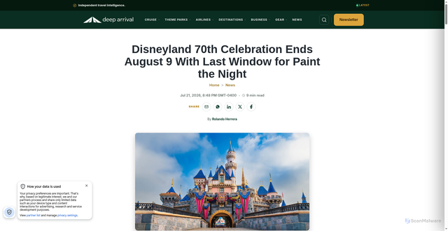 Security scan screenshot of https://deeparrival.com/news/disneyland-70th-celebration-ends-august-9-2026/