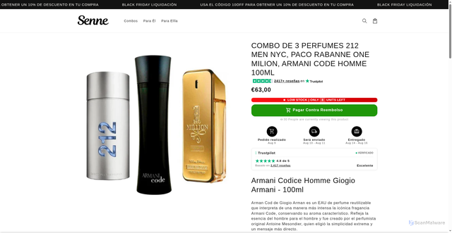 Security scan screenshot of https://seenee.site/products/combo-3-parfums