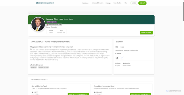Security scan screenshot of https://opensponsorship.com/profiles/alexi-lalas