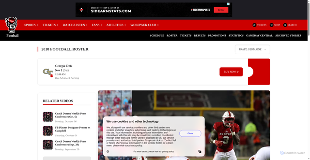 Security scan screenshot of https://gopack.com/sports/football/roster/germaine-pratt/4750