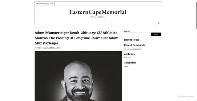 Security scan screenshot of https://easterncapememorial.today/adam-munsterteiger-death-obituary-cu-athletics-mourns-the-passing-of-longtime-journalist-adam-munsterteiger/