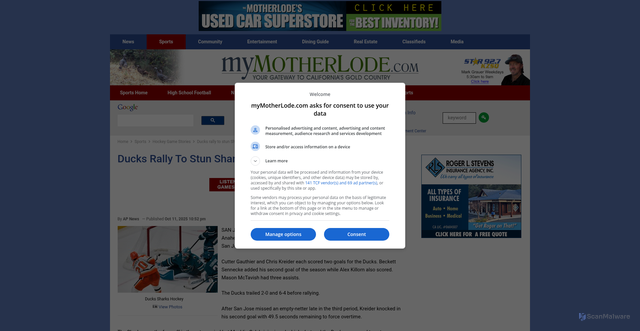 Security scan screenshot of https://mymotherlode.com/sports/hockey-game-stories/10058360/ducks-rally-to-stun-sharks-7-6-in-ot.html