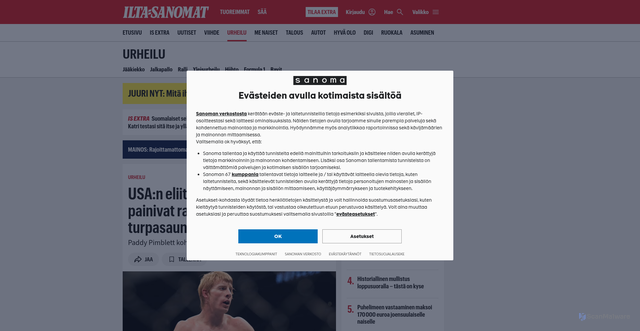 Security scan screenshot of https://www.is.fi/urheilu/art-2000011156035.html