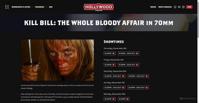 Security scan screenshot of https://hollywoodtheatre.org/show/kill-bill-the-whole-bloody-affair-in-70mm/