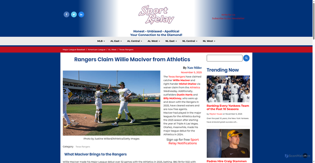 Security scan screenshot of https://sportrelay.com/mlb/2025/11/05/rangers-claim-willie-maciver-from-athletics/