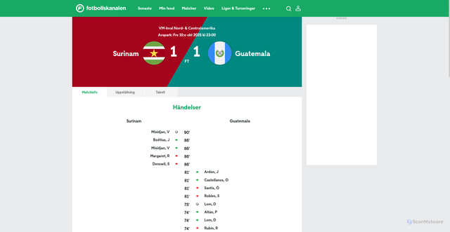 Security scan screenshot of https://www.fotbollskanalen.se/livematch/surinam-guatemala/-75989/