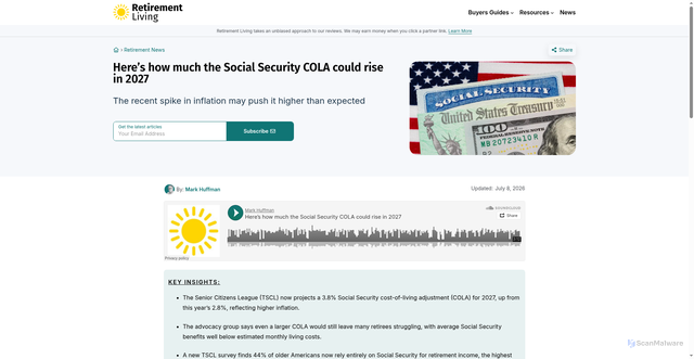 Security scan screenshot of https://www.retirementliving.com/heres-how-much-the-social-security-cola-could-rise-in-2027