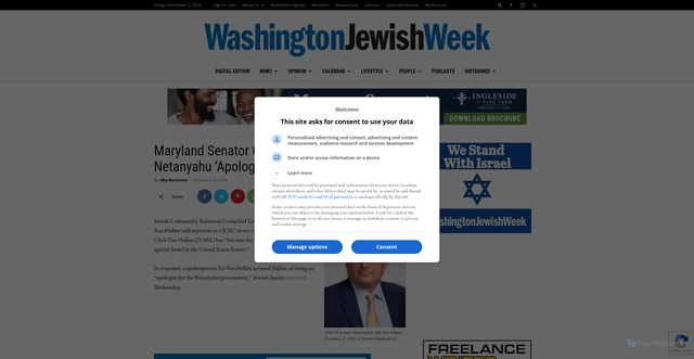 Security scan screenshot of http://www.washingtonjewishweek.com/maryland-senator-calls-jcrc-ceo-a-netanyahu-apologist/