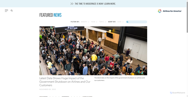 Security scan screenshot of https://www.airlines.org/news-update/latest-data-shows-huge-impact-of-the-government-shutdown-on-airlines-and-our-customers/