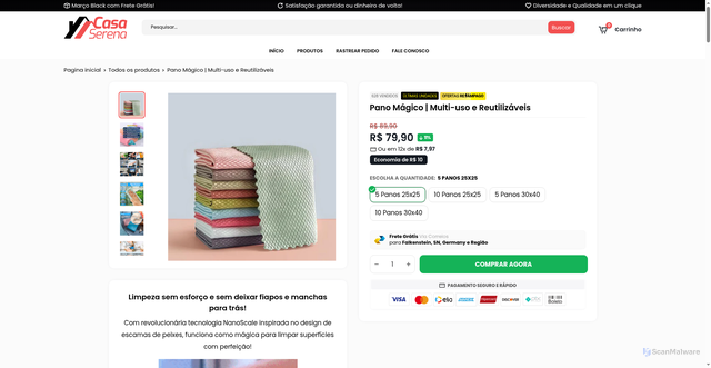 Security scan screenshot of https://serenacasa.store/products/pano-magico-multi-uso-reutilizaveis