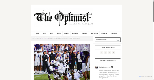 Security scan screenshot of https://acuoptimist.com/2025/12/wildcats-fall-41-34-to-sfa-in-round-two-of-fcs-playoffs/