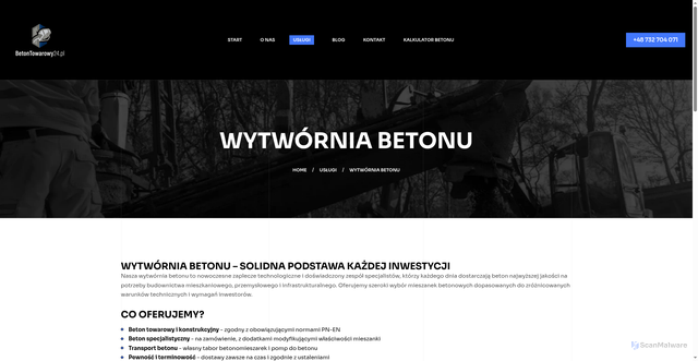 Security scan screenshot of https://betontowarowy24.pl/uslugi/wytwornia-betonu/