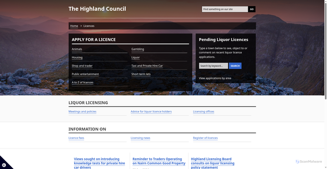Security scan screenshot of https://www.highland.gov.uk/businessinformation/licensing