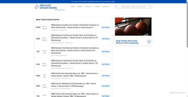 Security scan screenshot of https://www.discountdreamtickets.com/performers/new-york-knicks