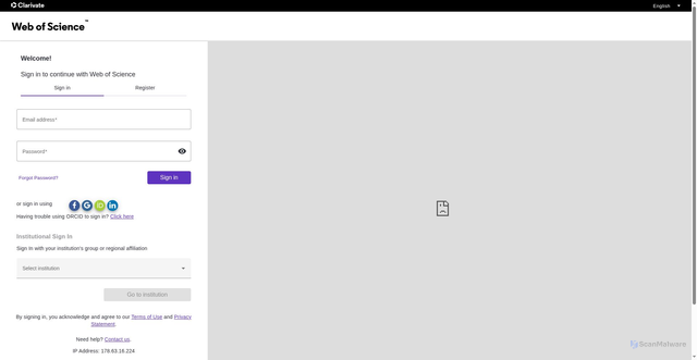 Security scan screenshot of https://www.webofscience.com