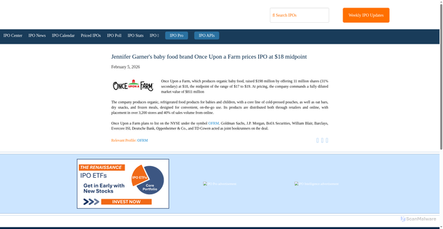 Security scan screenshot of https://www.renaissancecapital.com/IPO-Center/News/116798/Jennifer-Garners-baby-food-brand-Once-Upon-a-Farm-prices-IPO-at-$18-midpoin
