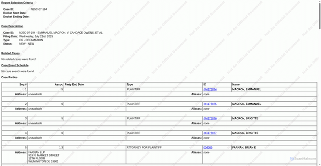 Security scan screenshot of https://courtconnect.courts.delaware.gov/cc/cconnect/ck_public_qry_doct.cp_dktrpt_docket_report?backto=P&case_id=N25C-07-194&begin_date=&end_date=