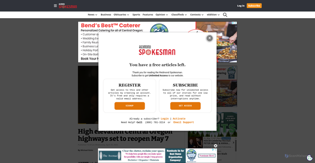 Security scan screenshot of https://redmondspokesman.com/2026/04/29/high-elevation-central-oregon-highways-set-to-reopen-may-7/