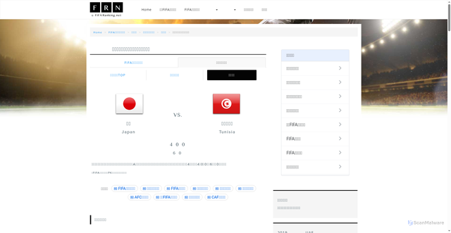 Security scan screenshot of https://fifaranking.net/nations/jpn/results/head-to-head/index.php?team=tun