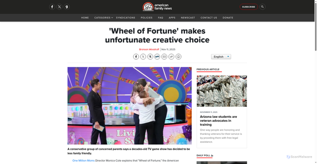 Security scan screenshot of https://afn.net/culture/2025/11/11/wheel-of-fortune-makes-unfortunate-creative-choice/