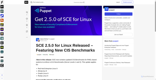 Security scan screenshot of https://dev.to/puppet/sce-250-for-linux-released-featuring-new-cis-benchmarks-3a8i