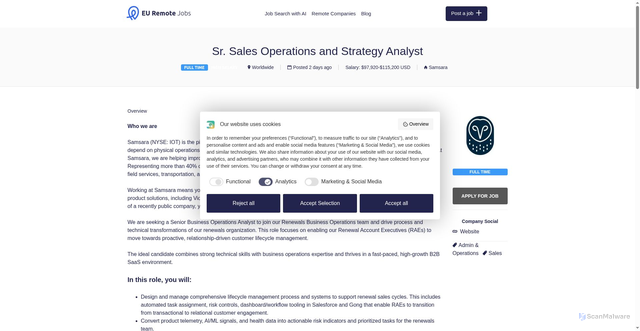 Security scan screenshot of https://euremotejobs.com/job/sr-sales-operations-and-strategy-analyst/